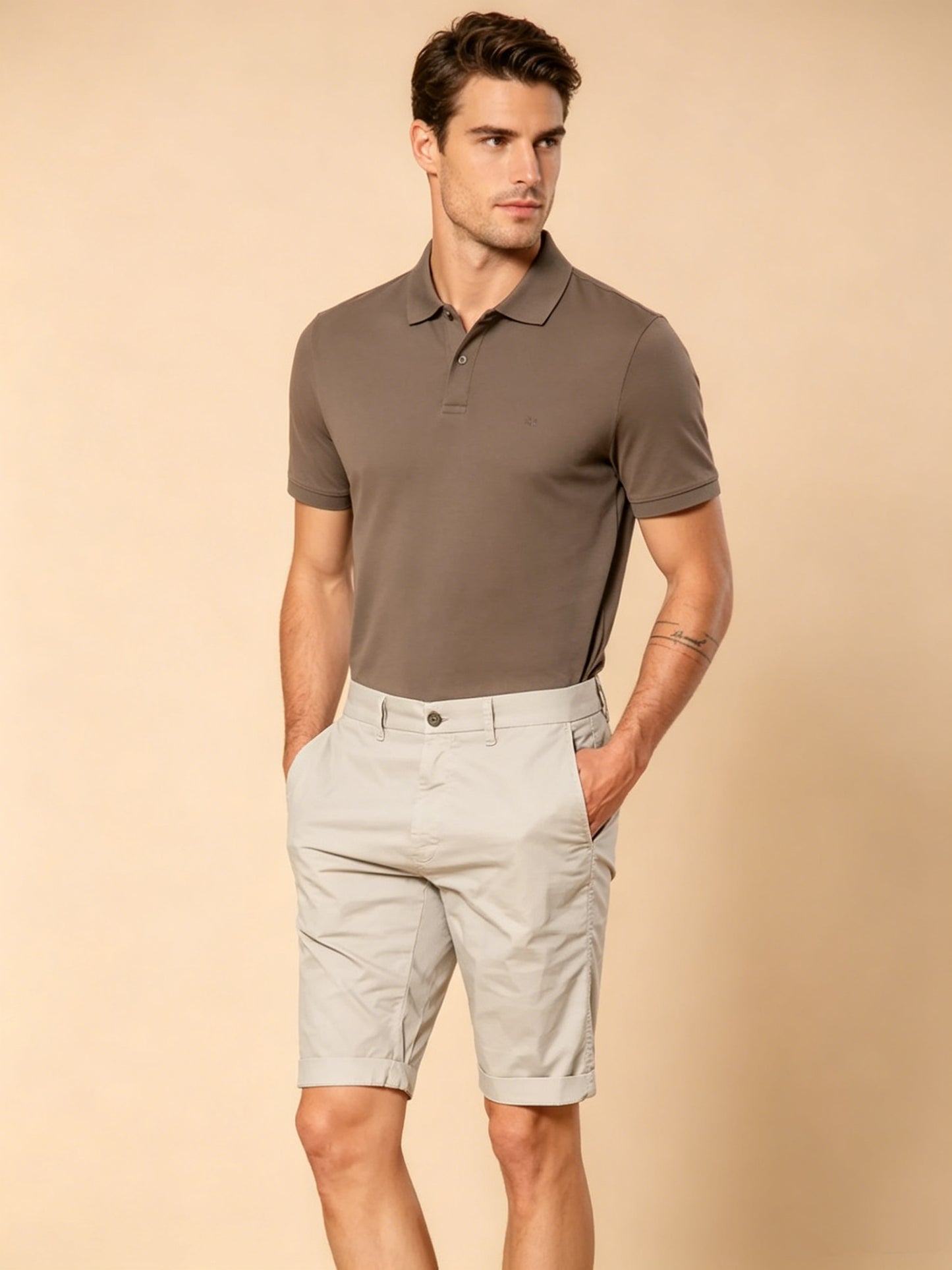 Light Beige Cotton Twill Cargo Shorts For Men - Regular Fit