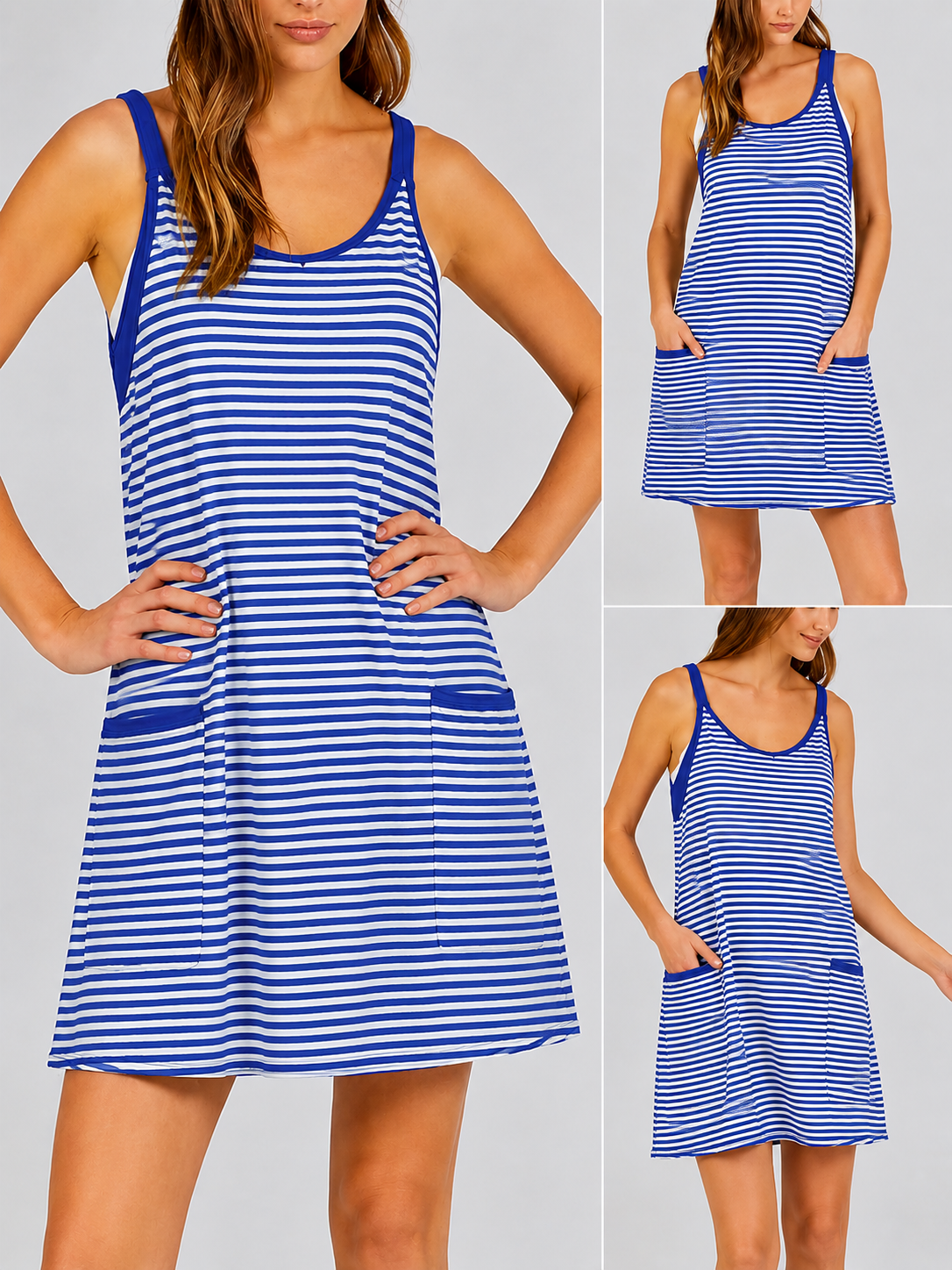SCUSTY Women's Summer Sleeveless Game Day Striped Mini Dress with Built-in Shorts V Neck Spaghetti Straps Athletic Shorts Tennis Dress with Pockets