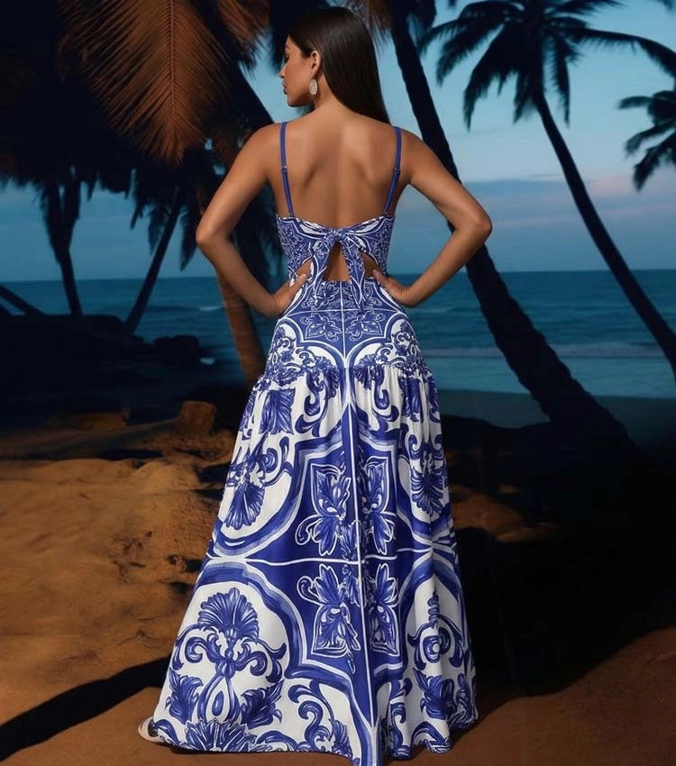 Blue Majolica Print One-Piece Swimsuit & Skirt Se- Adjustable Straps,Classic Vintage BeachStyle