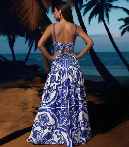 Blue Majolica Print One-Piece Swimsuit & Skirt Se- Adjustable Straps,Classic Vintage BeachStyle