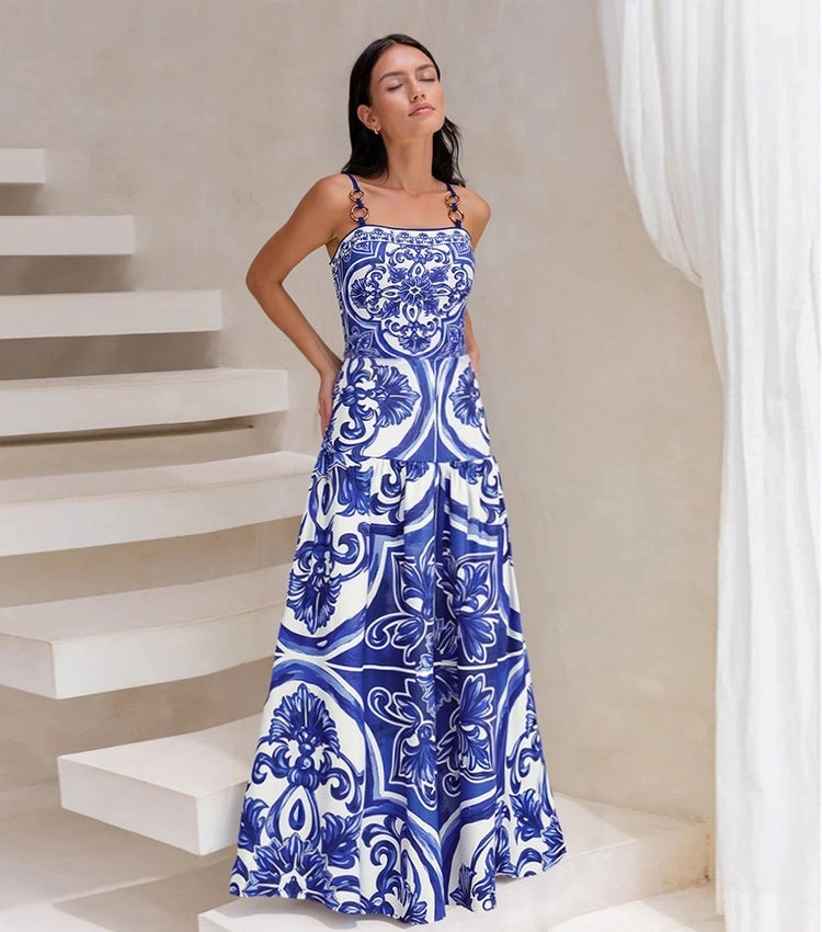 Blue Majolica Print One-Piece Swimsuit & Skirt Se- Adjustable Straps,Classic Vintage BeachStyle
