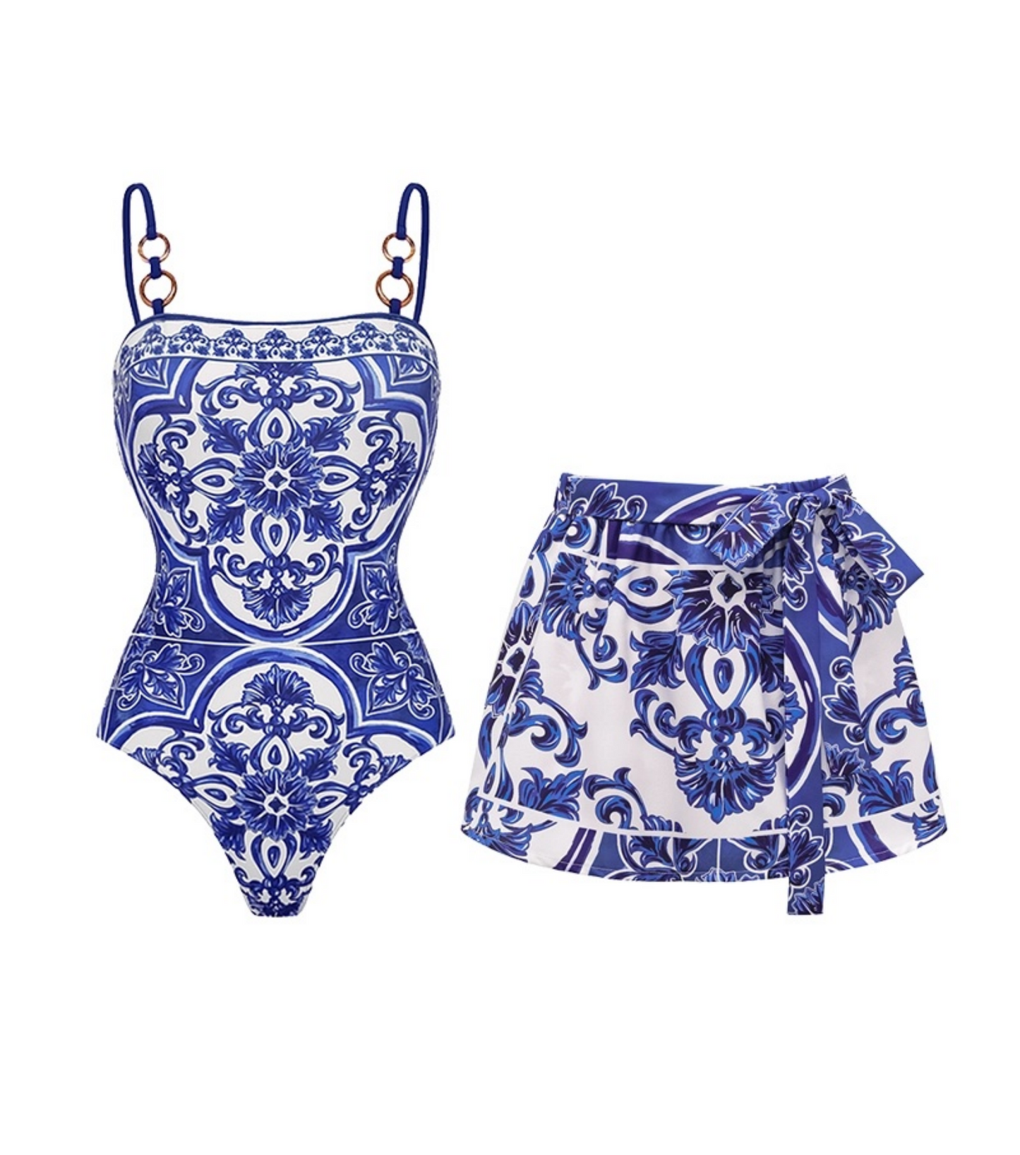 Blue Majolica Print One-Piece Swimsuit & Skirt Se- Adjustable Straps,Classic Vintage BeachStyle