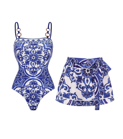 Blue Majolica Print One-Piece Swimsuit & Skirt Se- Adjustable Straps,Classic Vintage BeachStyle