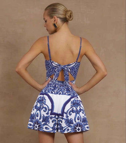 Blue Majolica Print One-Piece Swimsuit & Skirt Se- Adjustable Straps,Classic Vintage BeachStyle