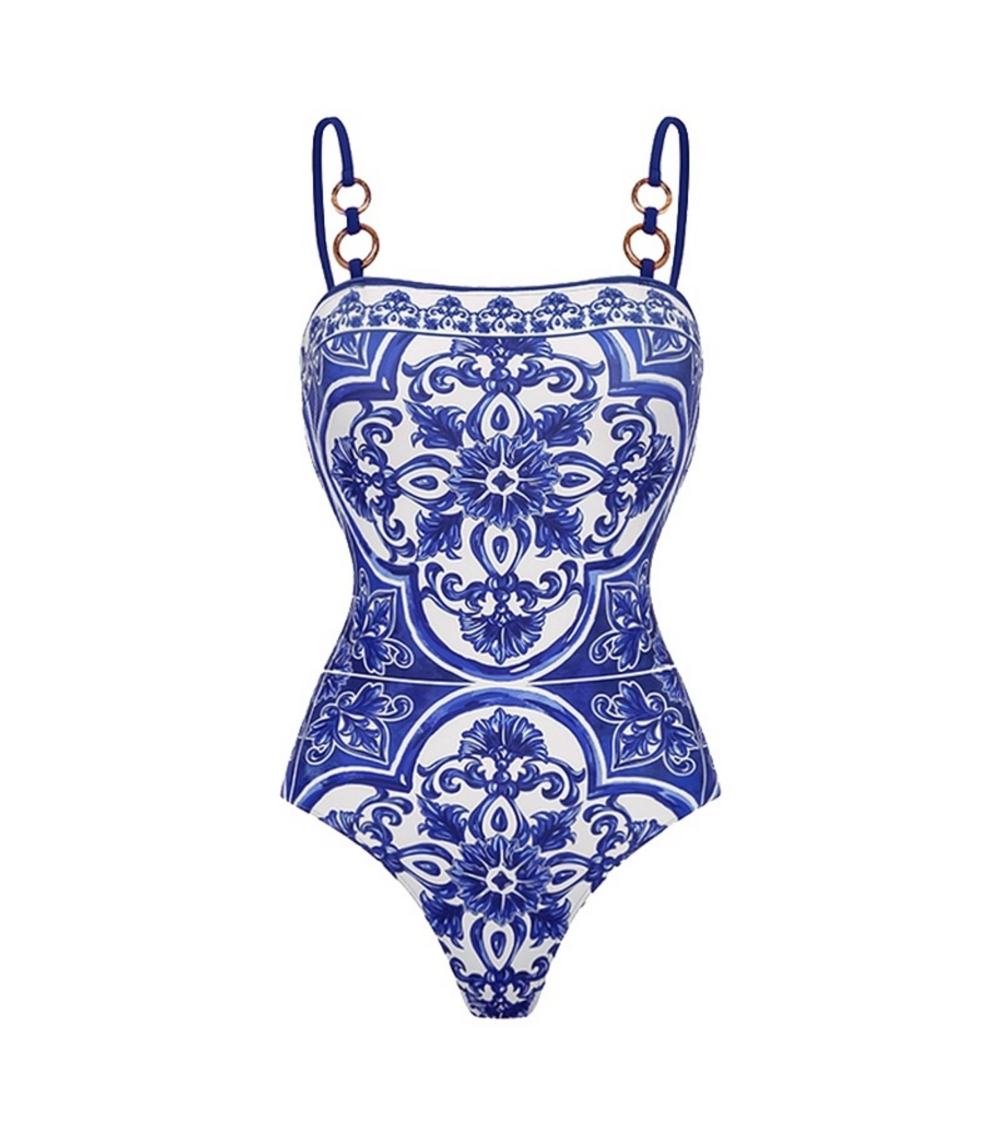Blue Majolica Print One-Piece Swimsuit & Skirt Se- Adjustable Straps,Classic Vintage BeachStyle