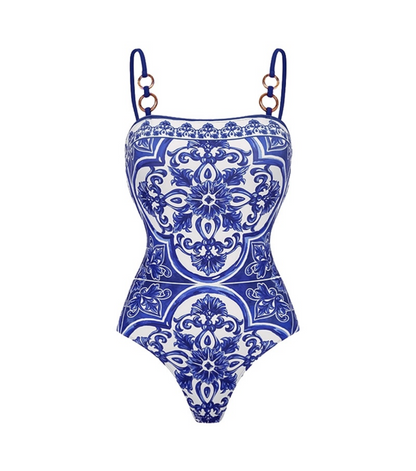 Blue Majolica Print One-Piece Swimsuit & Skirt Se- Adjustable Straps,Classic Vintage BeachStyle