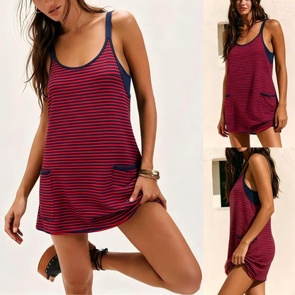 SCUSTY Women's Summer Sleeveless Game Day Striped Mini Dress with Built-in Shorts V Neck Spaghetti Straps Athletic Shorts Tennis Dress with Pockets