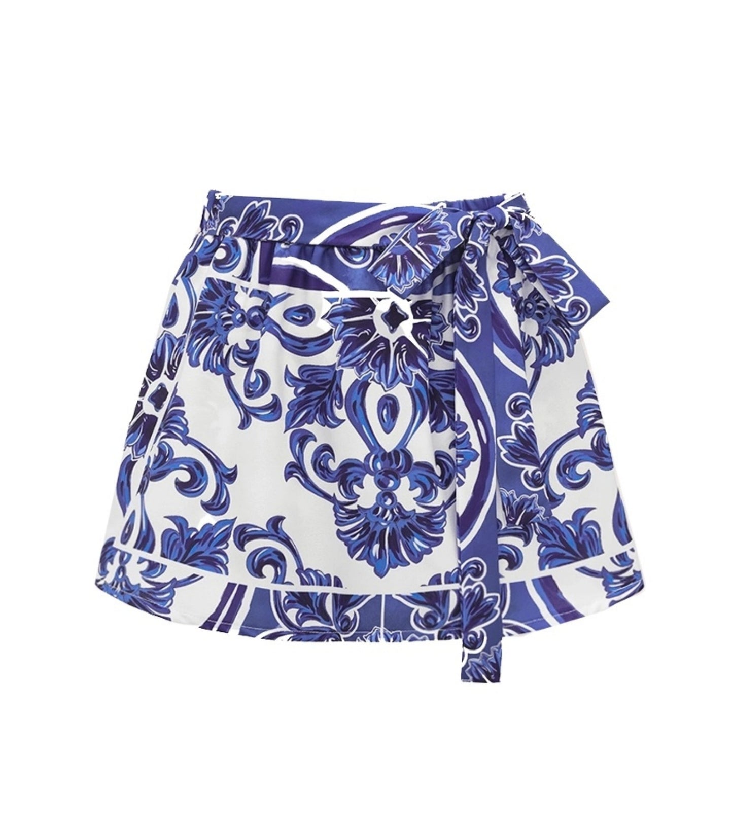 Blue Majolica Print One-Piece Swimsuit & Skirt Se- Adjustable Straps,Classic Vintage BeachStyle