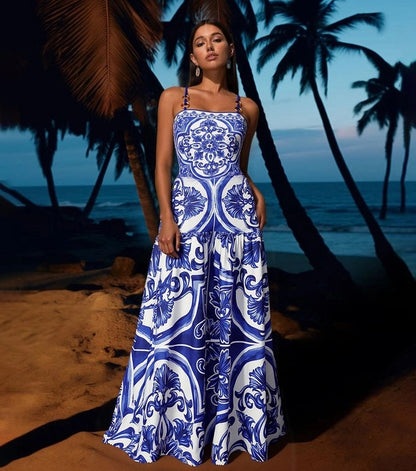 Blue Majolica Print One-Piece Swimsuit & Skirt Se- Adjustable Straps,Classic Vintage BeachStyle