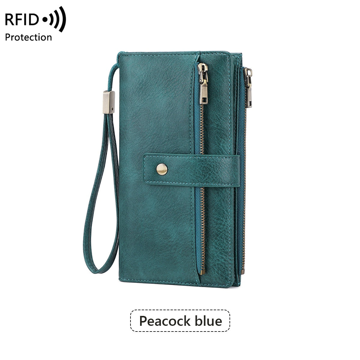 Women's RFID Blocking Long Trifold Leather Wallet with Wristlet