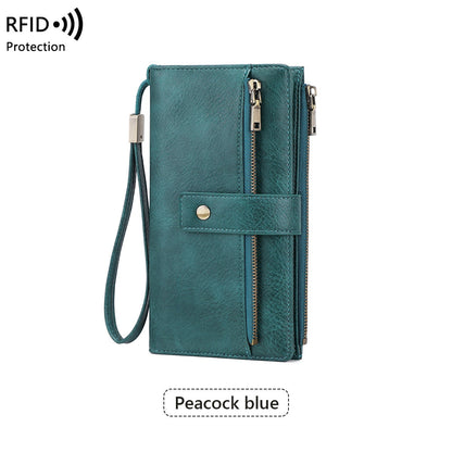 Women's RFID Blocking Long Trifold Leather Wallet with Wristlet