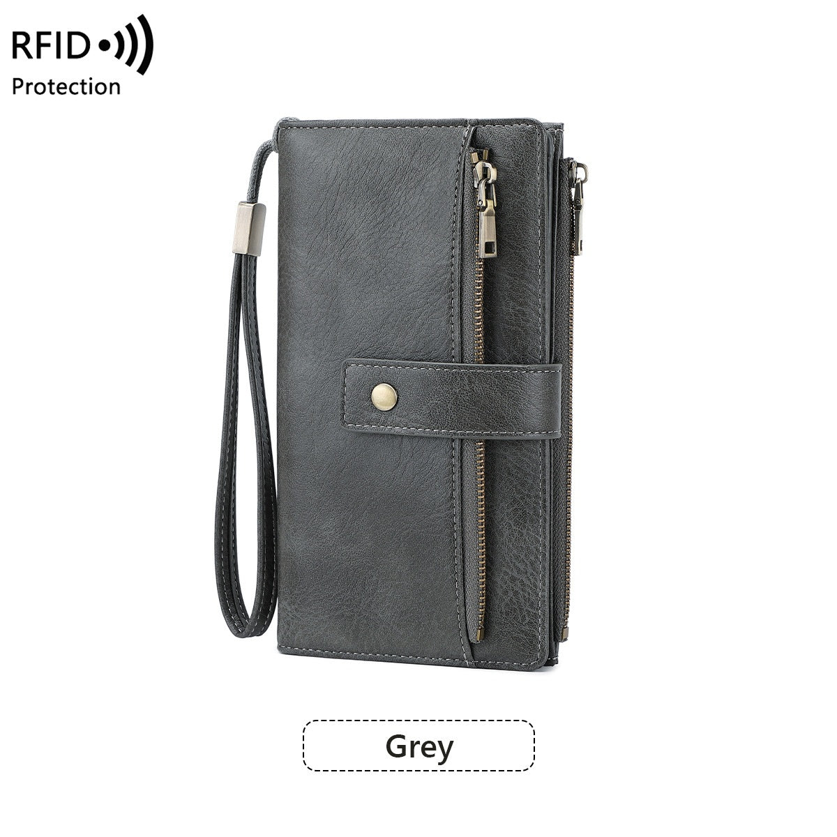 Women's RFID Blocking Long Trifold Leather Wallet with Wristlet