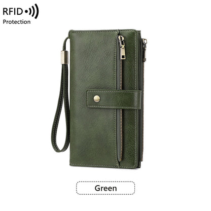 Women's RFID Blocking Long Trifold Leather Wallet with Wristlet