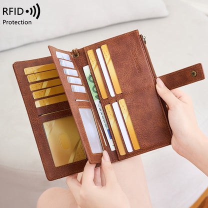 Women's RFID Blocking Long Trifold Leather Wallet with Wristlet