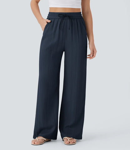 High Waisted Wide Leg Linen-Feel Drawstring Pants with Pockets