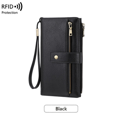 Women's RFID Blocking Long Trifold Leather Wallet with Wristlet
