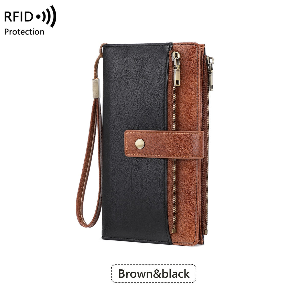 Women's RFID Blocking Long Trifold Leather Wallet with Wristlet