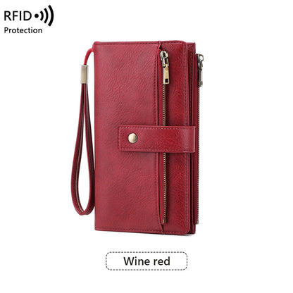 Women's RFID Blocking Long Trifold Leather Wallet with Wristlet