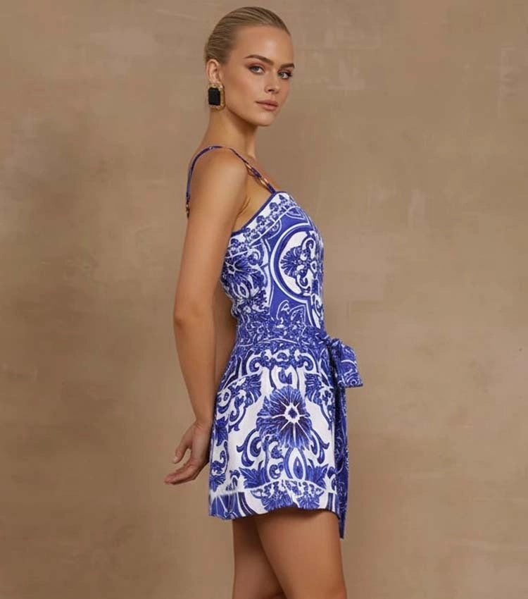 Blue Majolica Print One-Piece Swimsuit & Skirt Se- Adjustable Straps,Classic Vintage BeachStyle