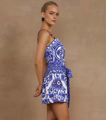 Blue Majolica Print One-Piece Swimsuit & Skirt Se- Adjustable Straps,Classic Vintage BeachStyle