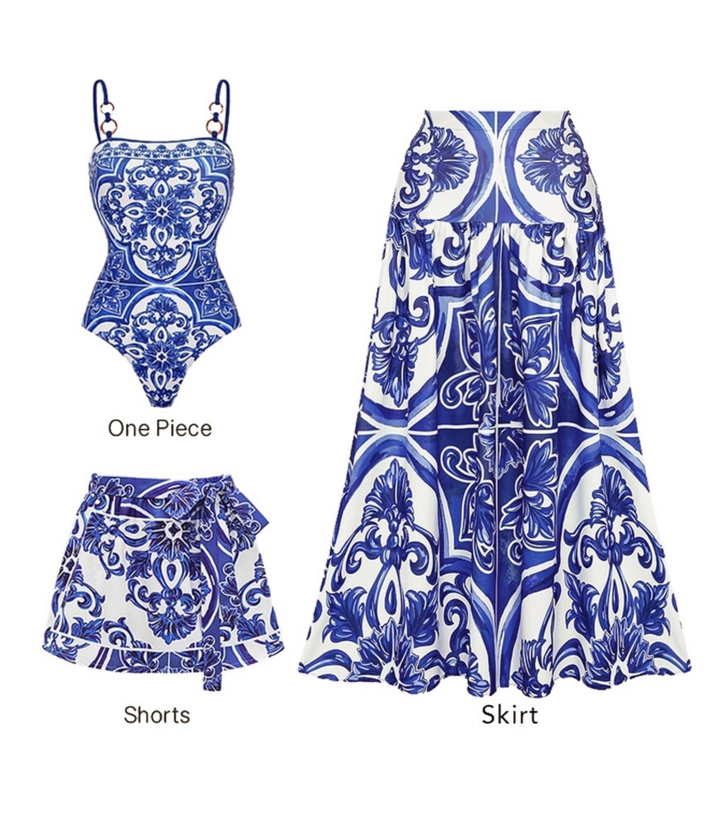 Blue Majolica Print One-Piece Swimsuit & Skirt Se- Adjustable Straps,Classic Vintage BeachStyle