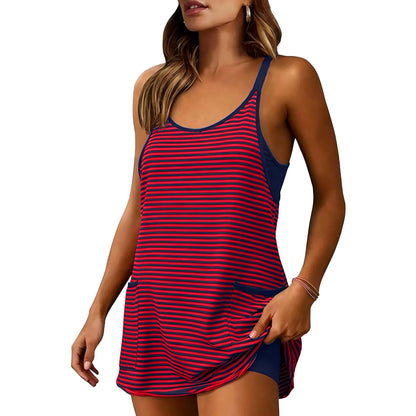 SCUSTY Women's Summer Sleeveless Game Day Striped Mini Dress with Built-in Shorts V Neck Spaghetti Straps Athletic Shorts Tennis Dress with Pockets