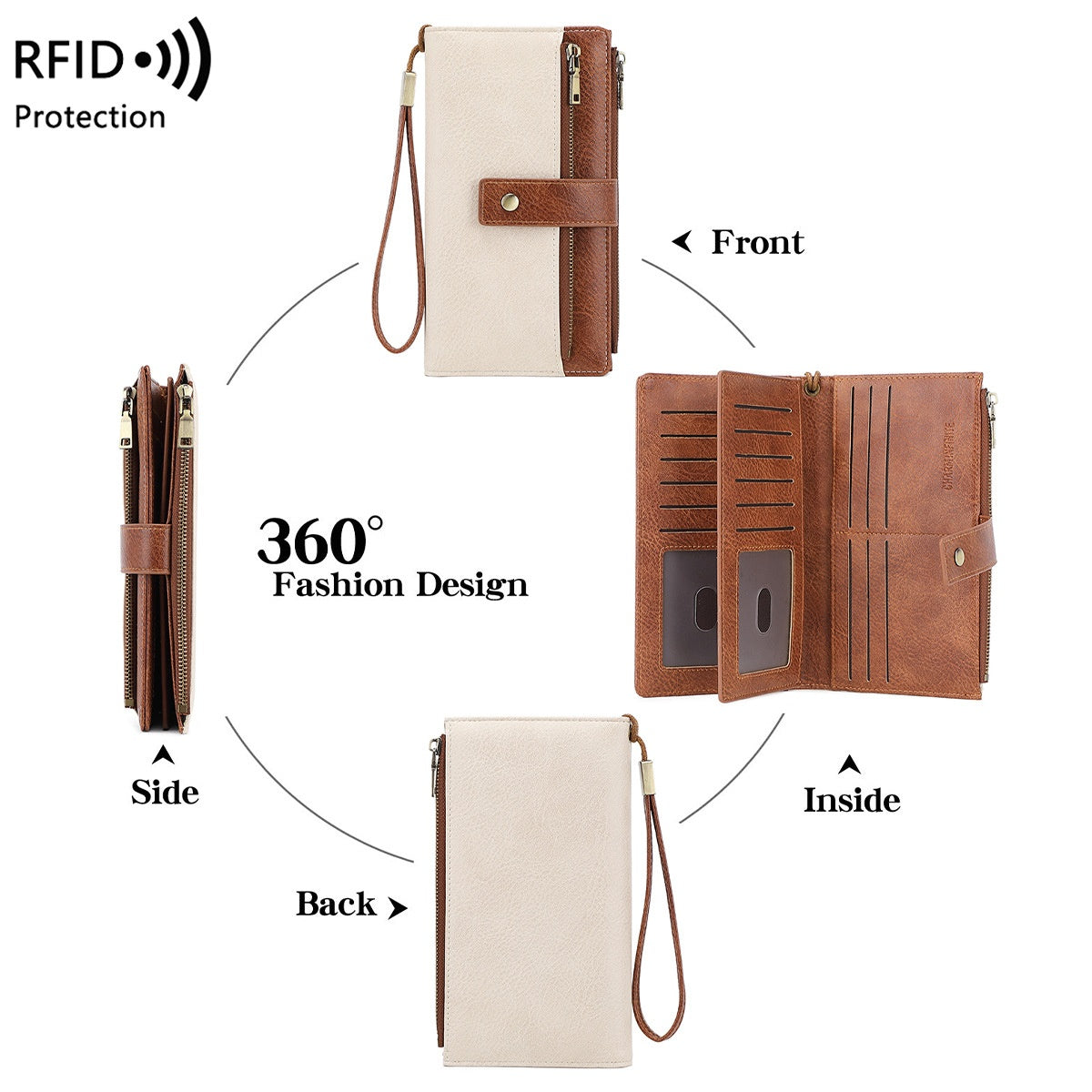 Women's RFID Blocking Long Trifold Leather Wallet with Wristlet