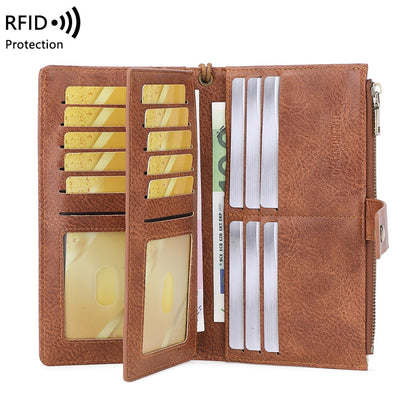 Women's RFID Blocking Long Trifold Leather Wallet with Wristlet