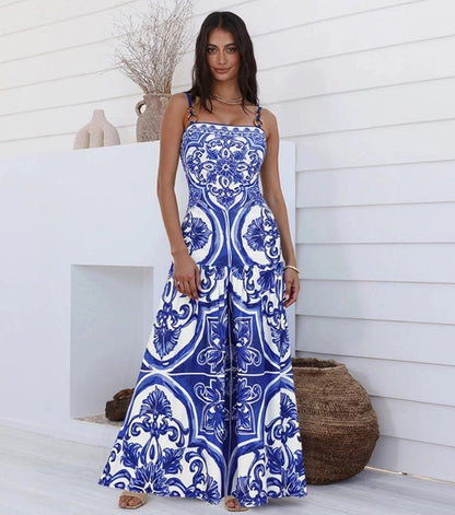 Blue Majolica Print One-Piece Swimsuit & Skirt Se- Adjustable Straps,Classic Vintage BeachStyle