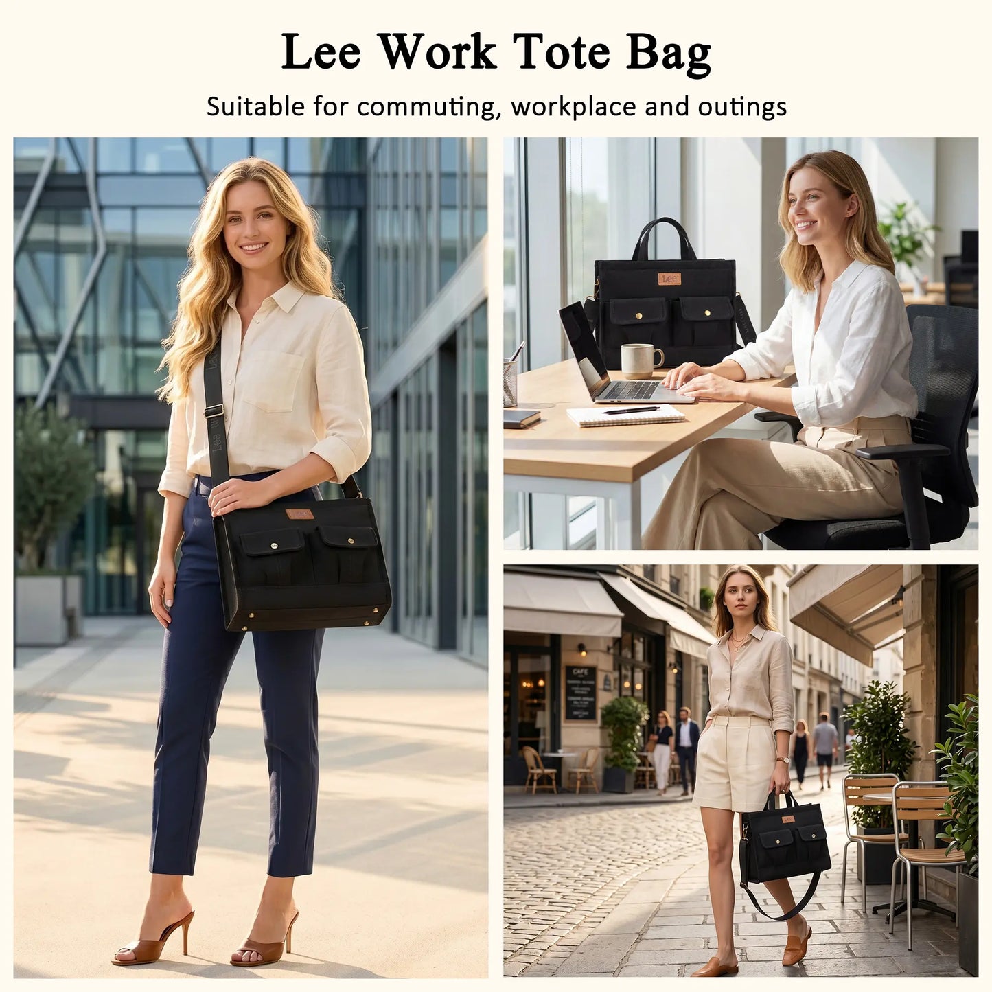 Lee work tote bag, message bag, with multiple pockets, very practical, large capacity, can hold an iPad and a 13-inch laptop, suitable for use at work or school.