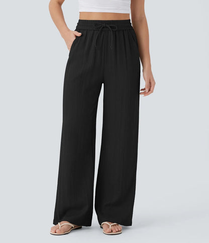 High Waisted Wide Leg Linen-Feel Drawstring Pants with Pockets