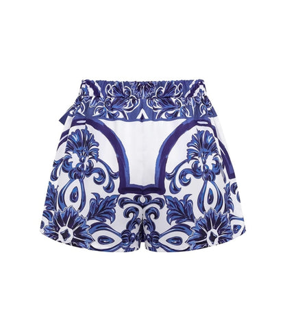 Blue Majolica Print One-Piece Swimsuit & Skirt Se- Adjustable Straps,Classic Vintage BeachStyle