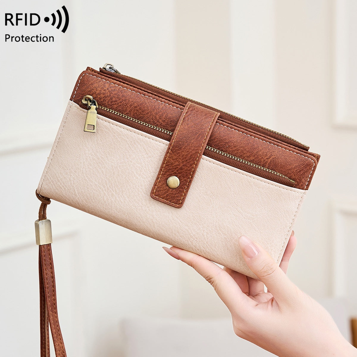 Women's RFID Blocking Long Trifold Leather Wallet with Wristlet