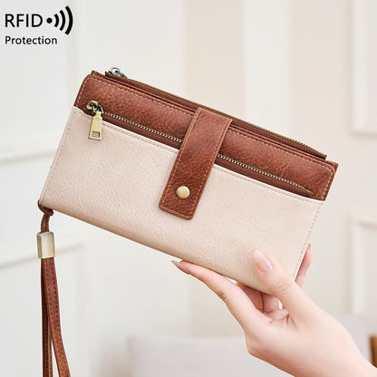 Women's RFID Blocking Long Trifold Leather Wallet with Wristlet