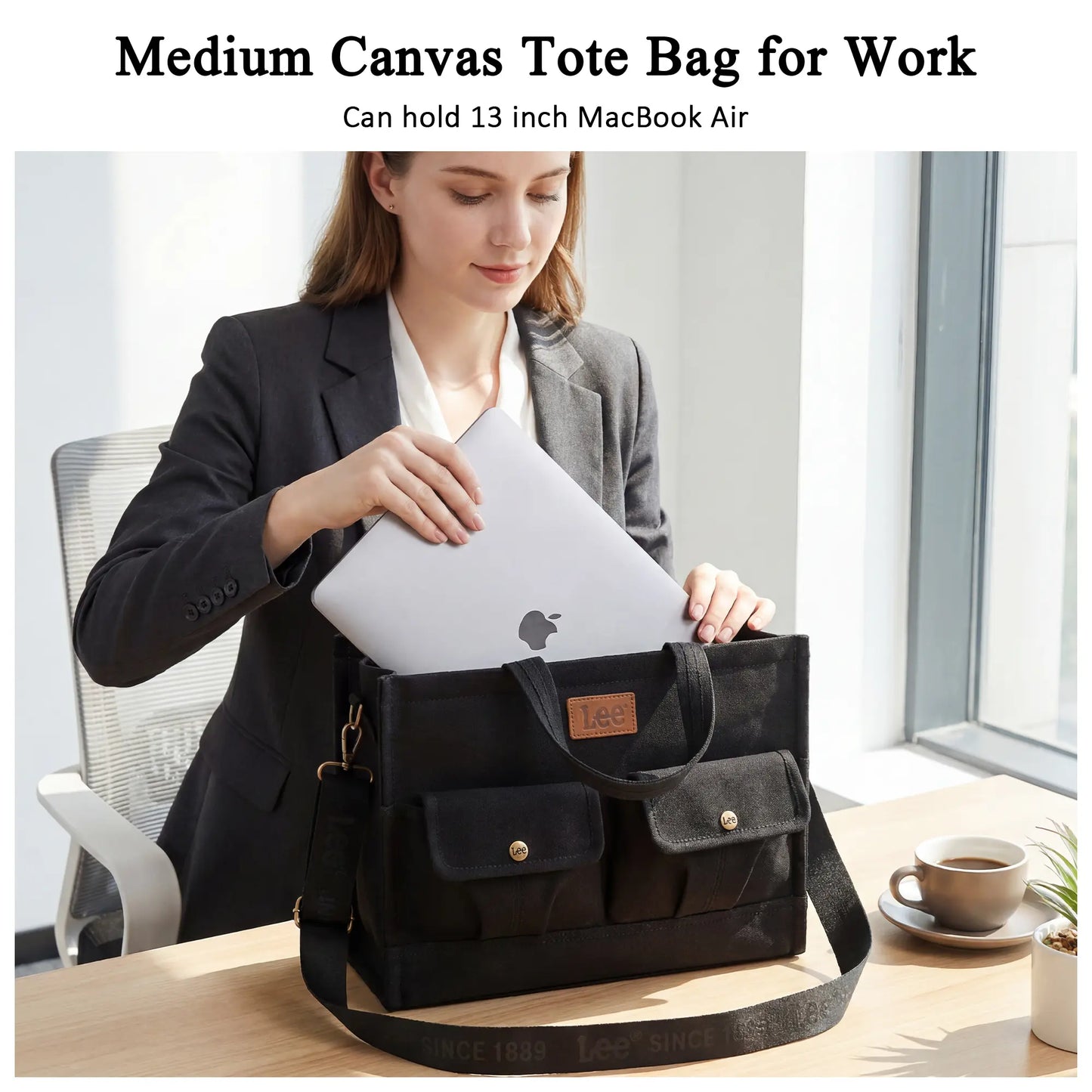 Lee work tote bag, message bag, with multiple pockets, very practical, large capacity, can hold an iPad and a 13-inch laptop, suitable for use at work or school.