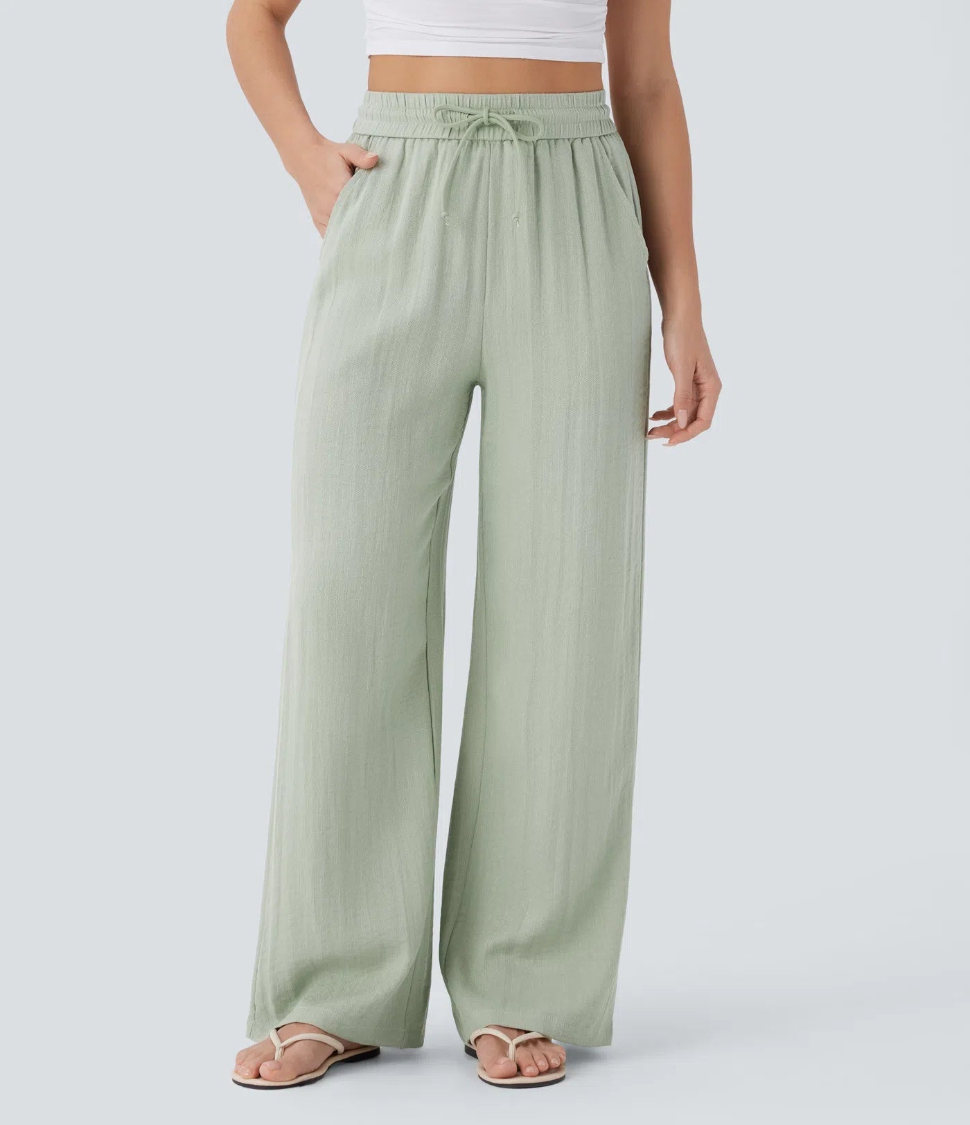High Waisted Wide Leg Linen-Feel Drawstring Pants with Pockets