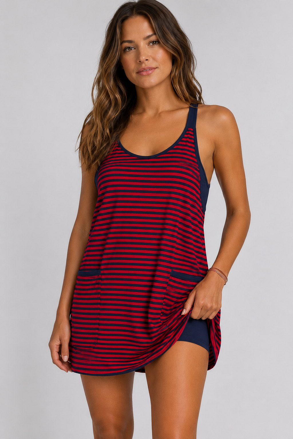 SCUSTY Women's Summer Sleeveless Game Day Striped Mini Dress with Built-in Shorts V Neck Spaghetti Straps Athletic Shorts Tennis Dress with Pockets