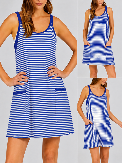 SCUSTY Women's Summer Sleeveless Game Day Striped Mini Dress with Built-in Shorts V Neck Spaghetti Straps Athletic Shorts Tennis Dress with Pockets