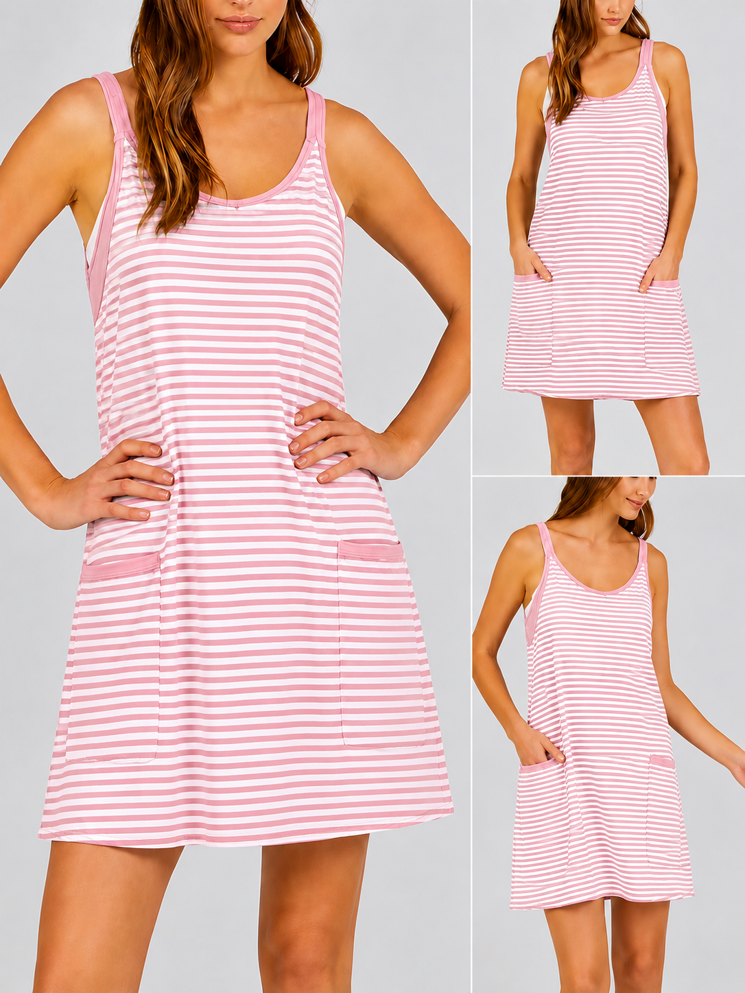 SCUSTY Women's Summer Sleeveless Game Day Striped Mini Dress with Built-in Shorts V Neck Spaghetti Straps Athletic Shorts Tennis Dress with Pockets