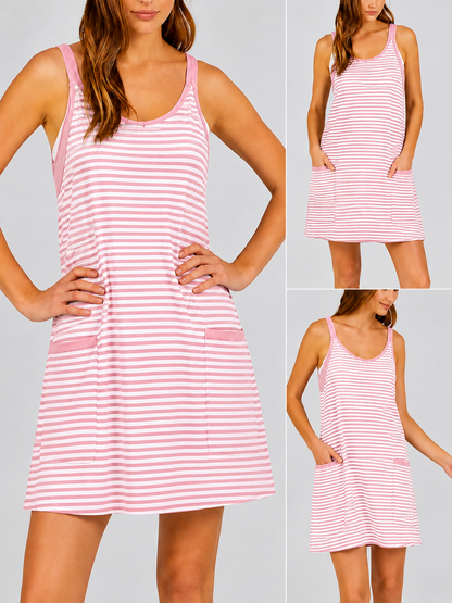 SCUSTY Women's Summer Sleeveless Game Day Striped Mini Dress with Built-in Shorts V Neck Spaghetti Straps Athletic Shorts Tennis Dress with Pockets