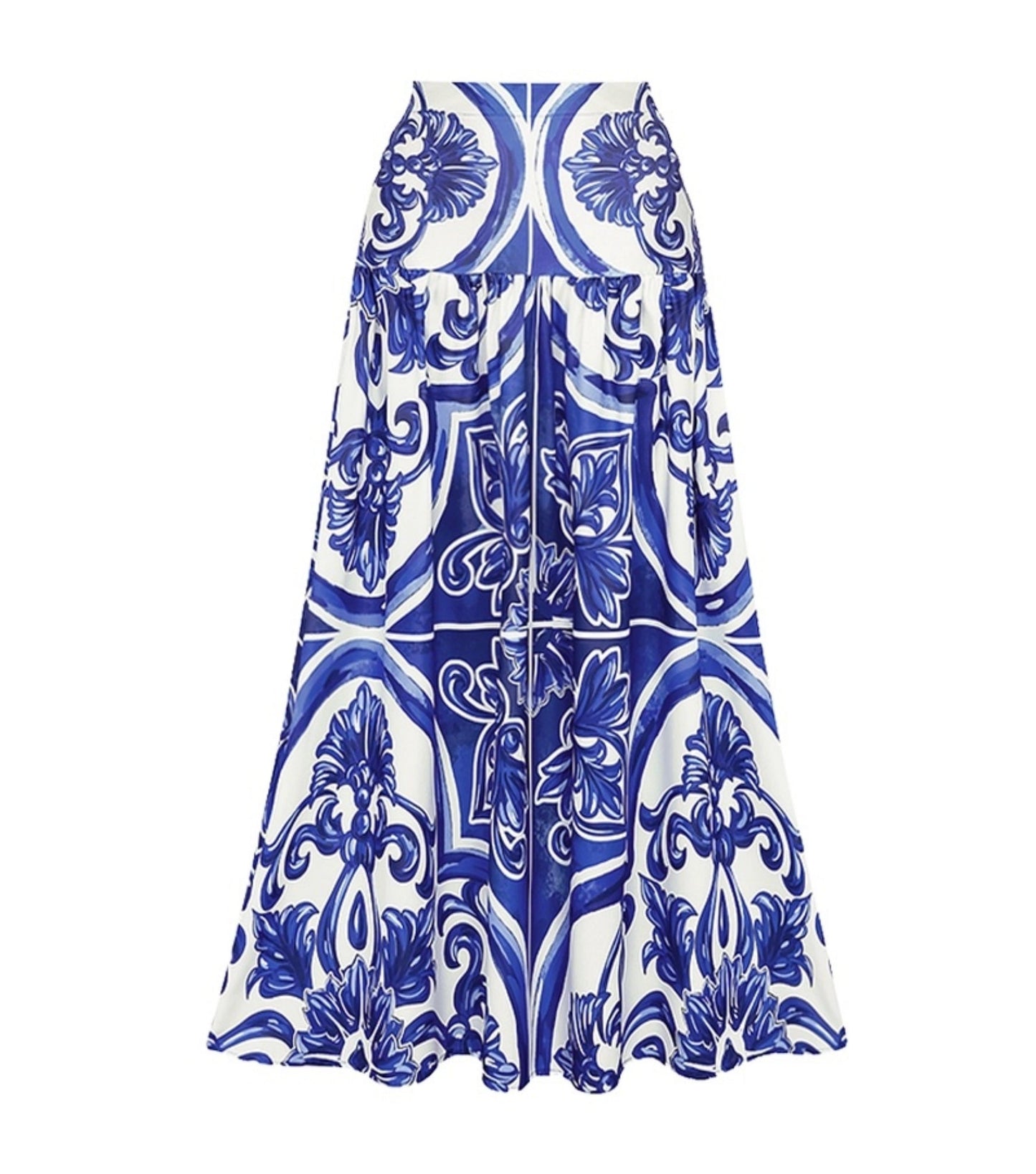 Blue Majolica Print One-Piece Swimsuit & Skirt Se- Adjustable Straps,Classic Vintage BeachStyle