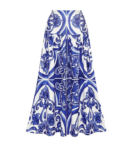 Blue Majolica Print One-Piece Swimsuit & Skirt Se- Adjustable Straps,Classic Vintage BeachStyle