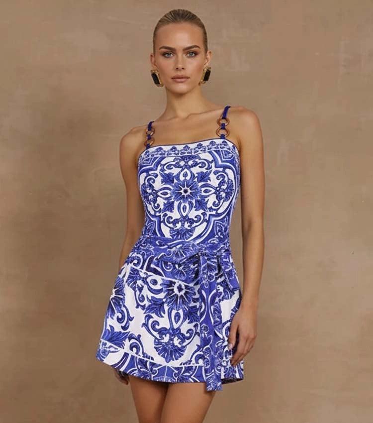 Blue Majolica Print One-Piece Swimsuit & Skirt Se- Adjustable Straps,Classic Vintage BeachStyle