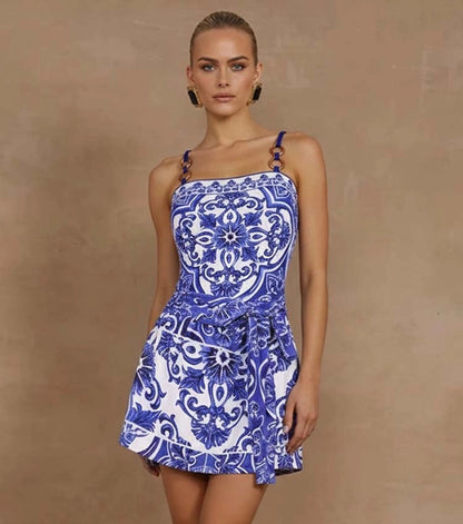 Blue Majolica Print One-Piece Swimsuit & Skirt Se- Adjustable Straps,Classic Vintage BeachStyle