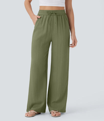 High Waisted Wide Leg Linen-Feel Drawstring Pants with Pockets