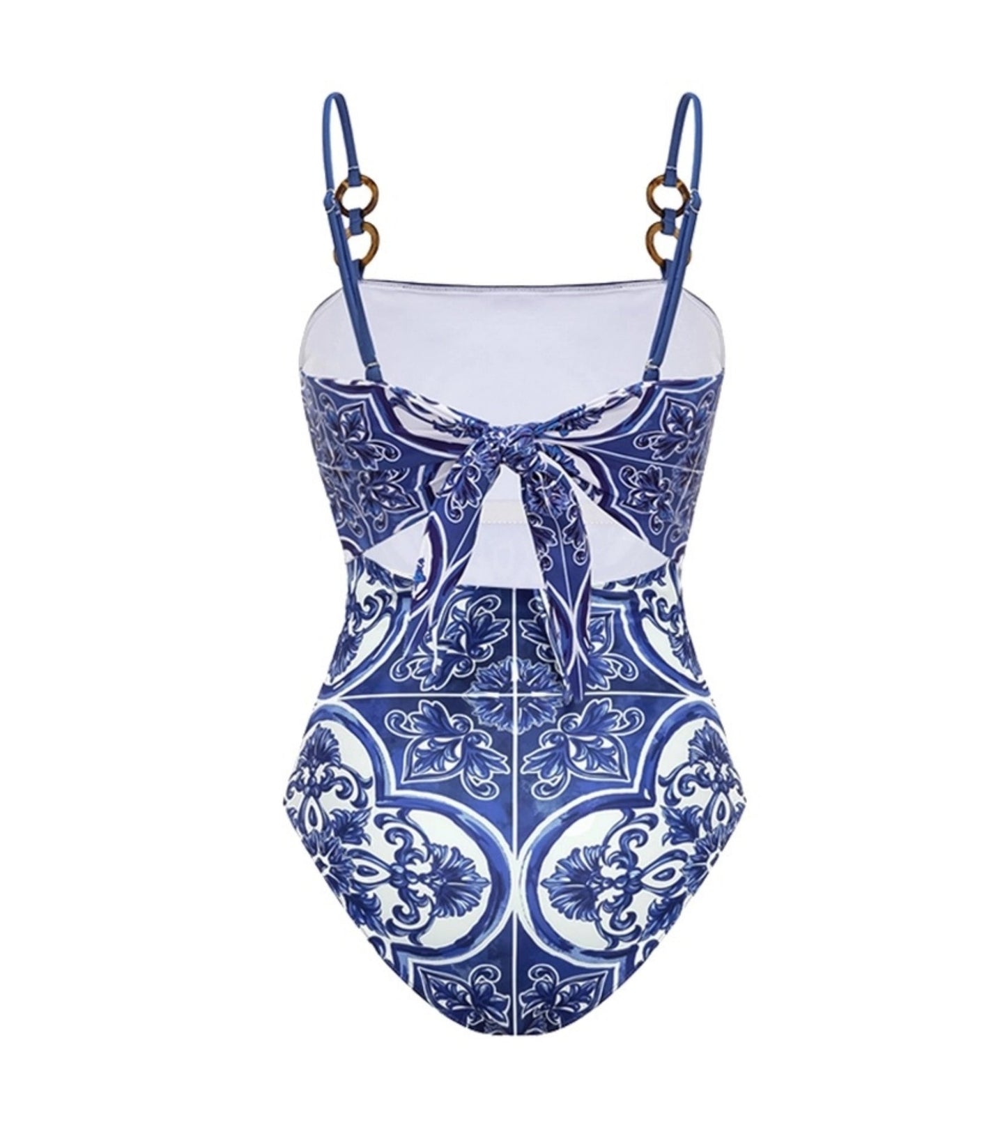 Blue Majolica Print One-Piece Swimsuit & Skirt Se- Adjustable Straps,Classic Vintage BeachStyle