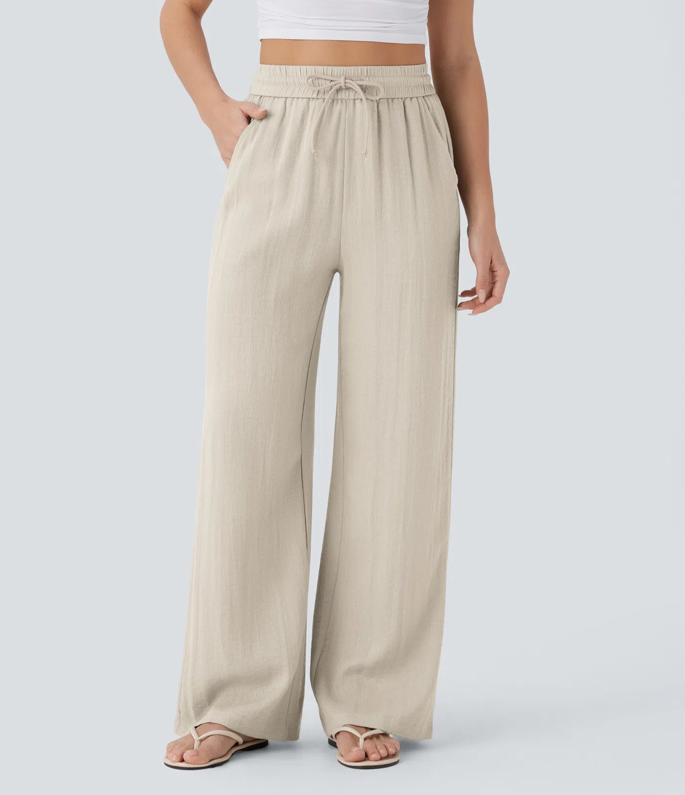 High Waisted Wide Leg Linen-Feel Drawstring Pants with Pockets