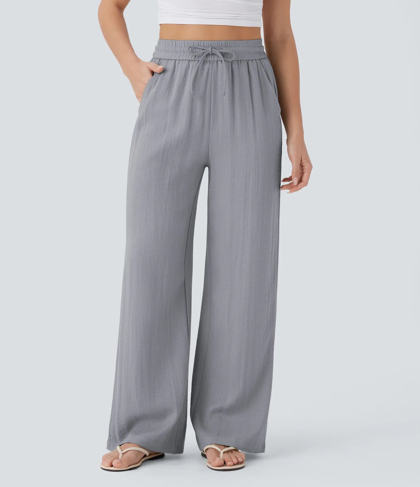 High Waisted Wide Leg Linen-Feel Drawstring Pants with Pockets