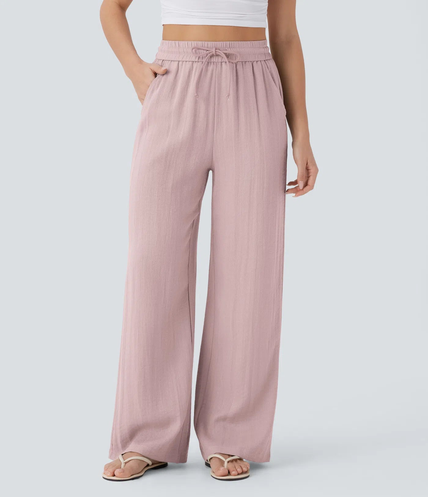 High Waisted Wide Leg Linen-Feel Drawstring Pants with Pockets
