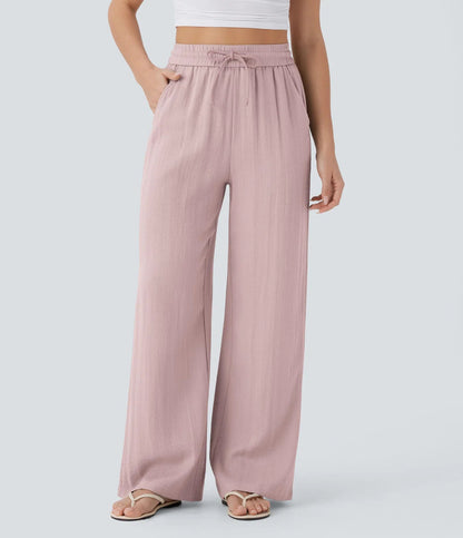 High Waisted Wide Leg Linen-Feel Drawstring Pants with Pockets